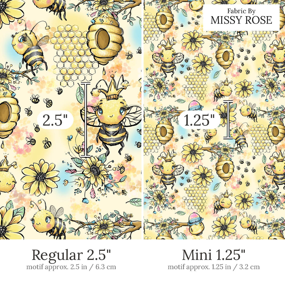 Design 573 Yellow Bee Fabric Regular 2.5 inch vs Mini 1.25 inch print scale side by side | Fabric by Missy Rose