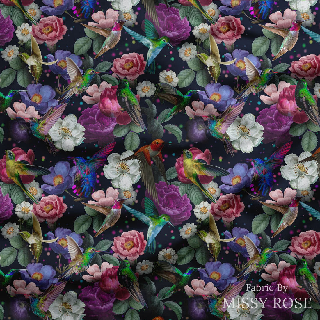 Design 574 Navy Hummingbird Fabric draped fabric mockup – custom printed fabric by the metre | Fabric by Missy Rose