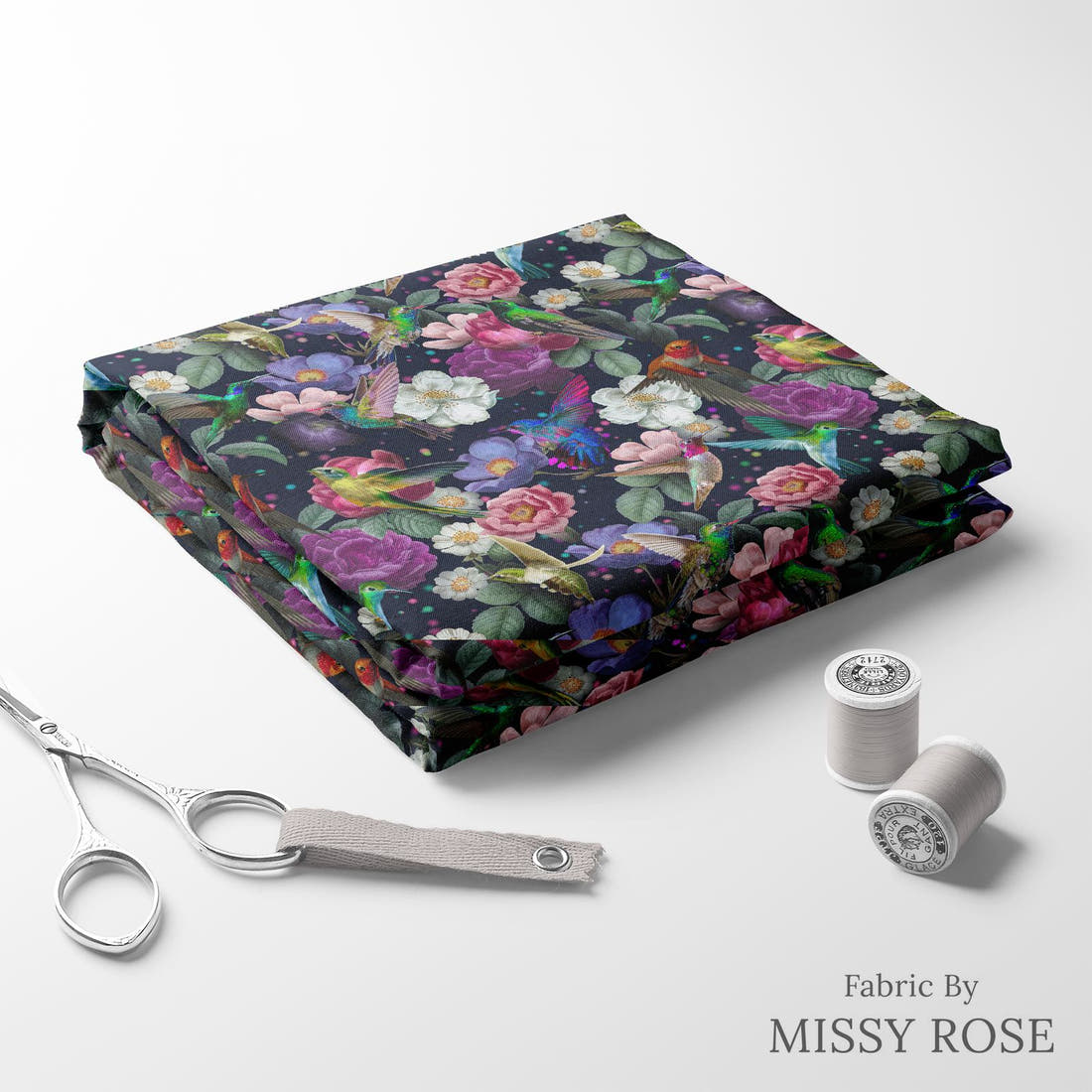 Design 574 Navy Hummingbird Fabric folded fabric stack with matching thread – pre-order fabric Australia | Fabric by Missy Rose