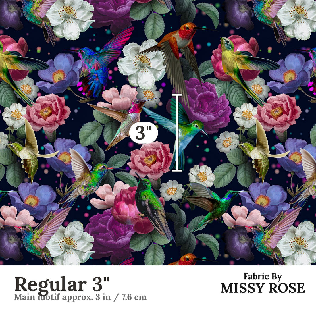 Design 574 Navy Hummingbird Fabric Regular 3" - print scale | Fabric by Missy Rose