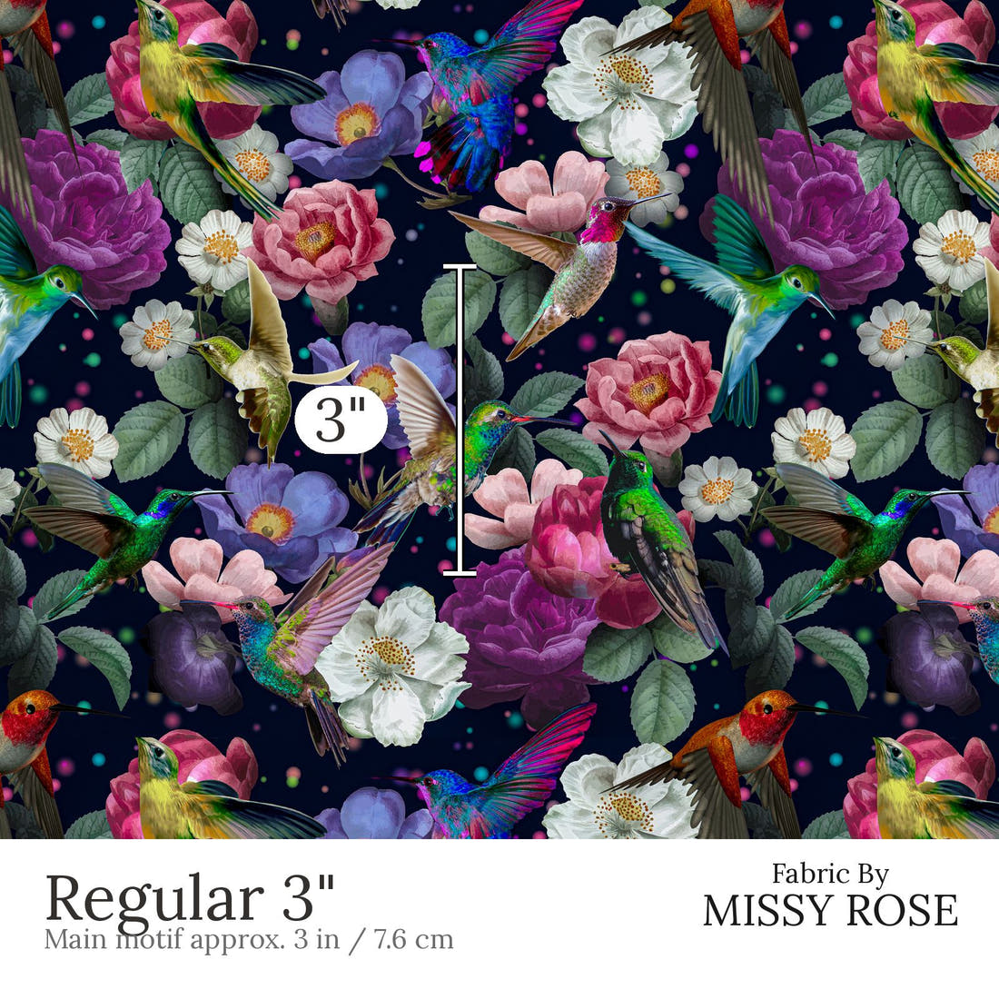 Design 574 Navy Hummingbird Fabric Regular 3 inch print scale guide | Fabric by Missy Rose