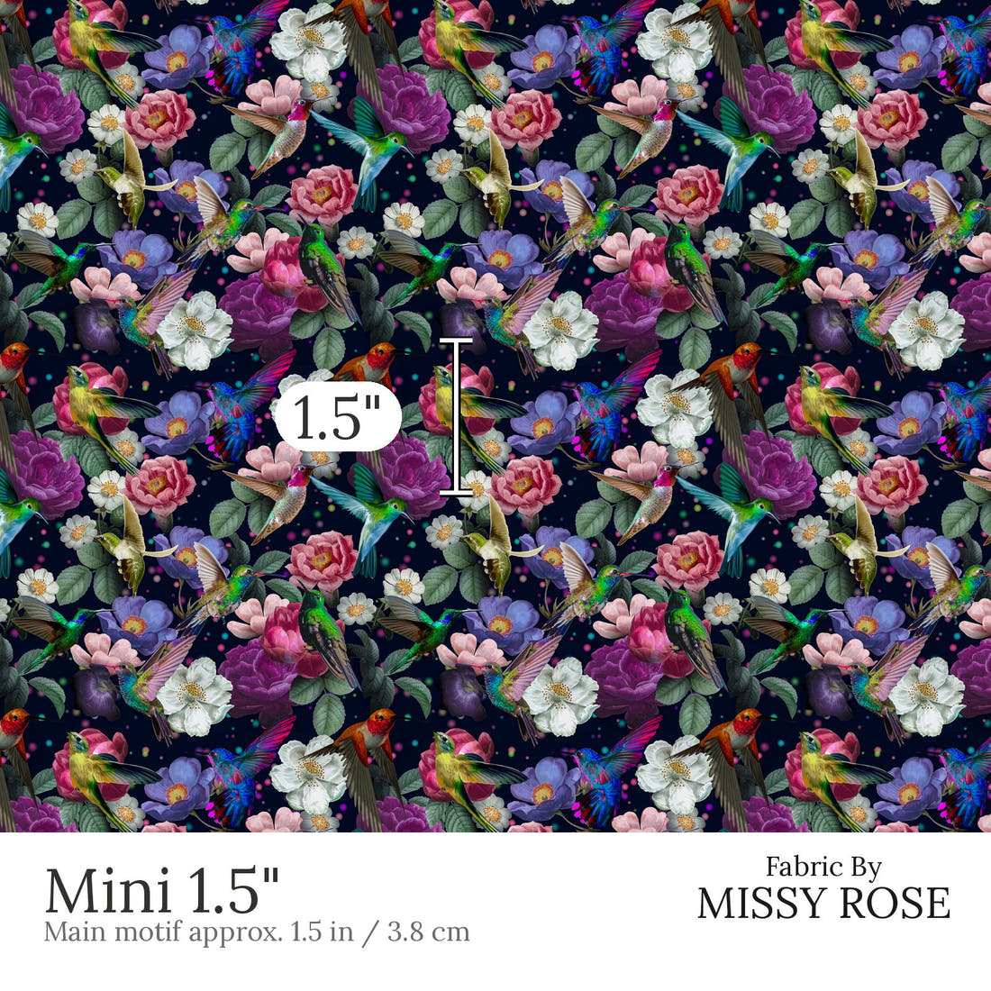 Design 574 Navy Hummingbird Fabric Mini 1.5 inch print scale guide | Fabric by Missy Rose
