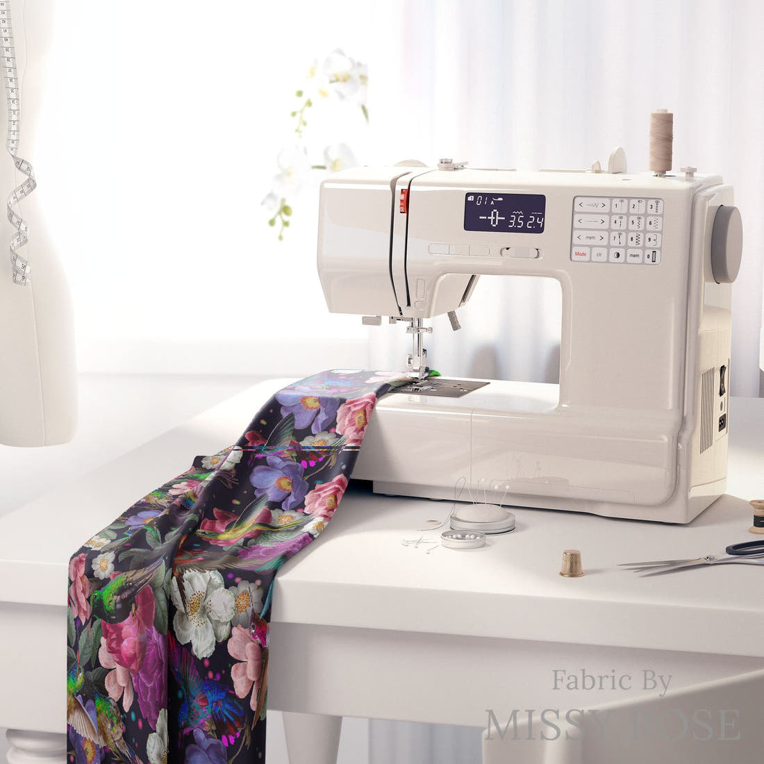 Design 574 Navy Hummingbird Fabric on a sewing machine – premium fabric for sewing projects | Fabric by Missy Rose