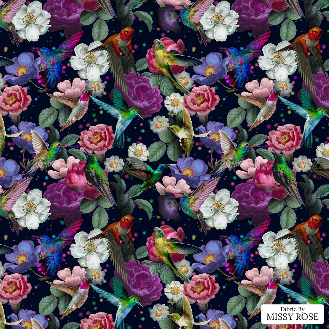 Design 574 Navy Hummingbird Fabric - flat view of the print, zoom in for detail | Fabric by Missy Rose