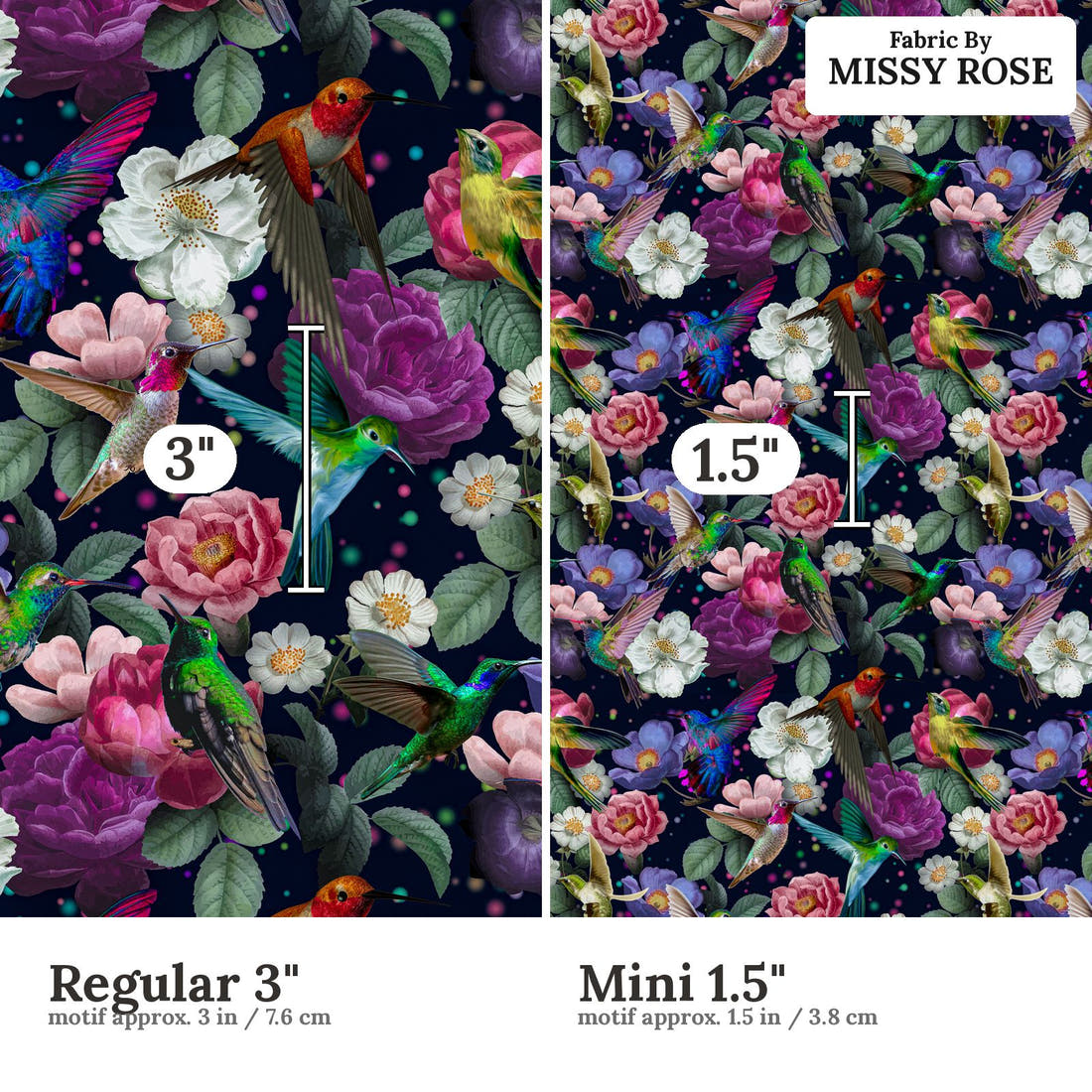 Design 574 Navy Hummingbird Fabric size comparison - print scale | Fabric by Missy Rose