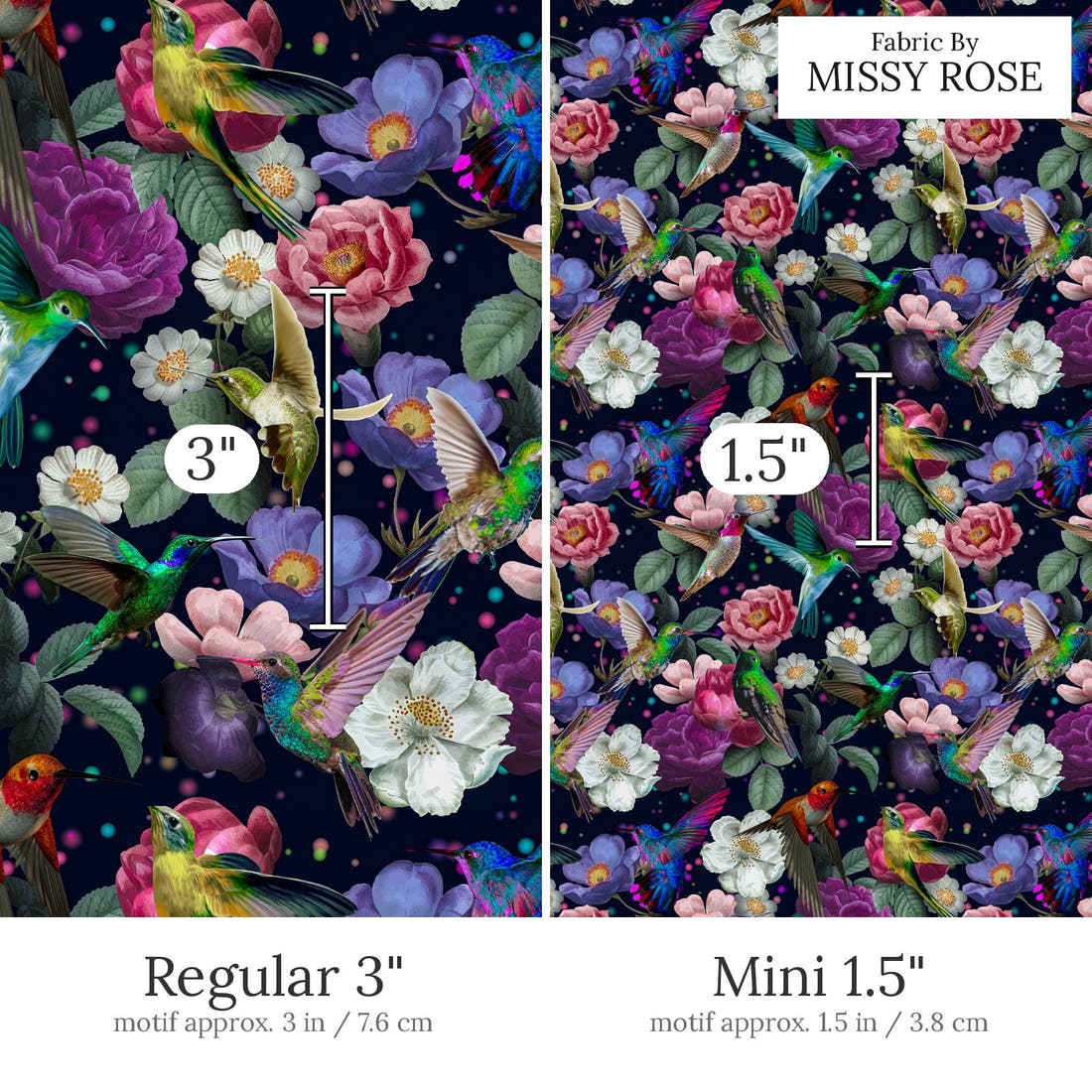Design 574 Navy Hummingbird Fabric Regular 3 inch vs Mini 1.5 inch print scale side by side | Fabric by Missy Rose