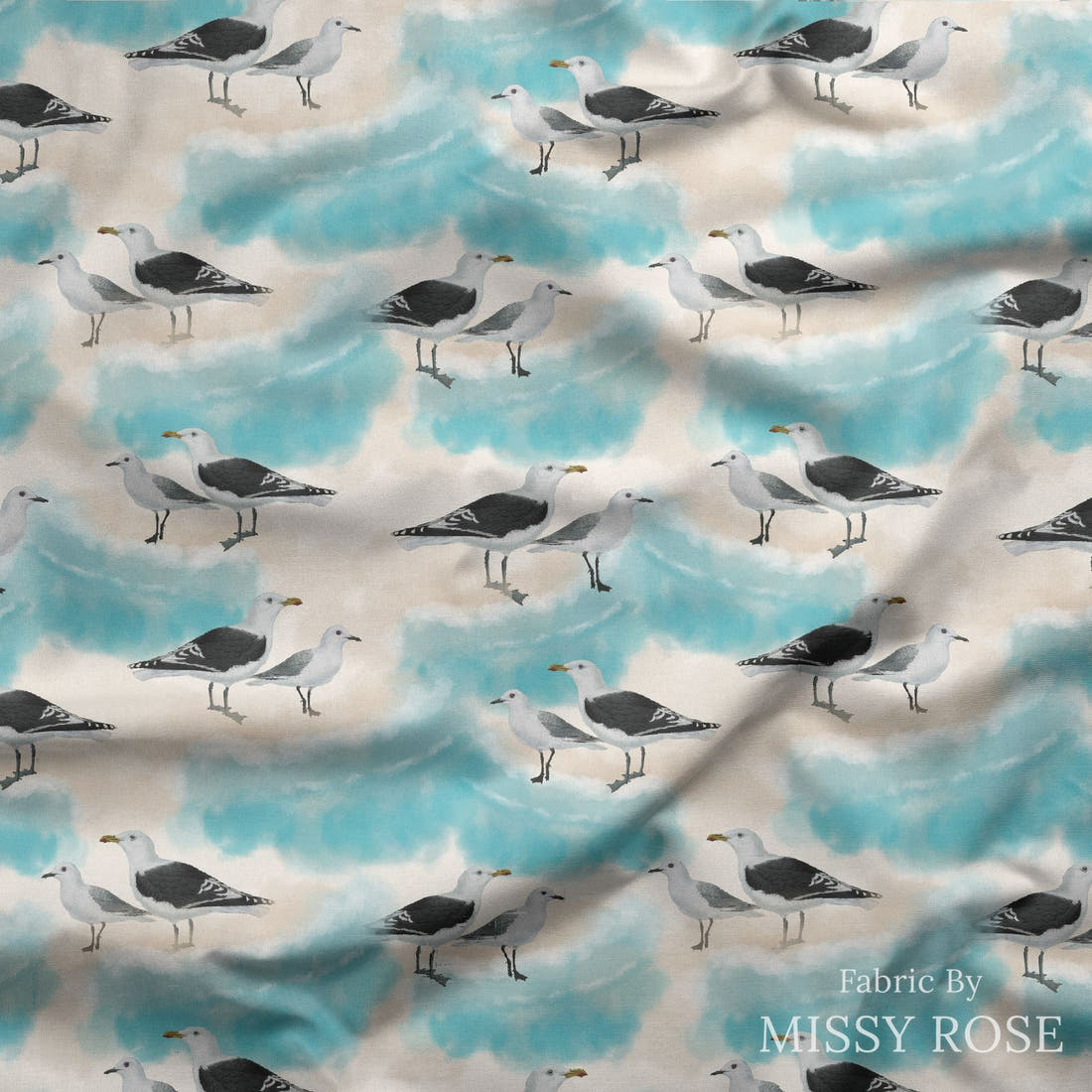 Design 575 Seagull Fabric draped fabric mockup – custom printed fabric by the metre | Fabric by Missy Rose