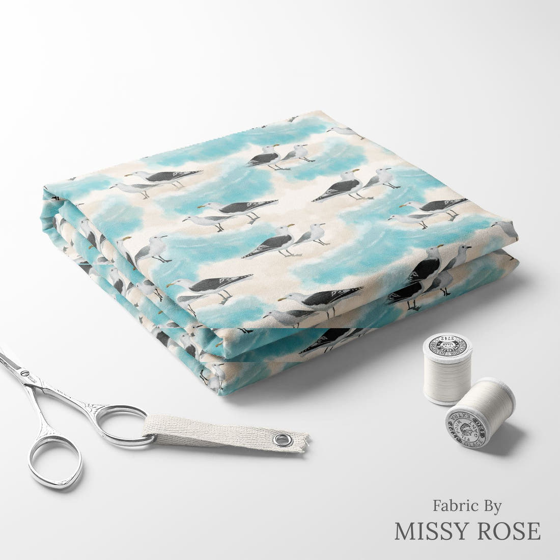 Design 575 Seagull Fabric folded fabric stack with matching thread – pre-order fabric Australia | Fabric by Missy Rose