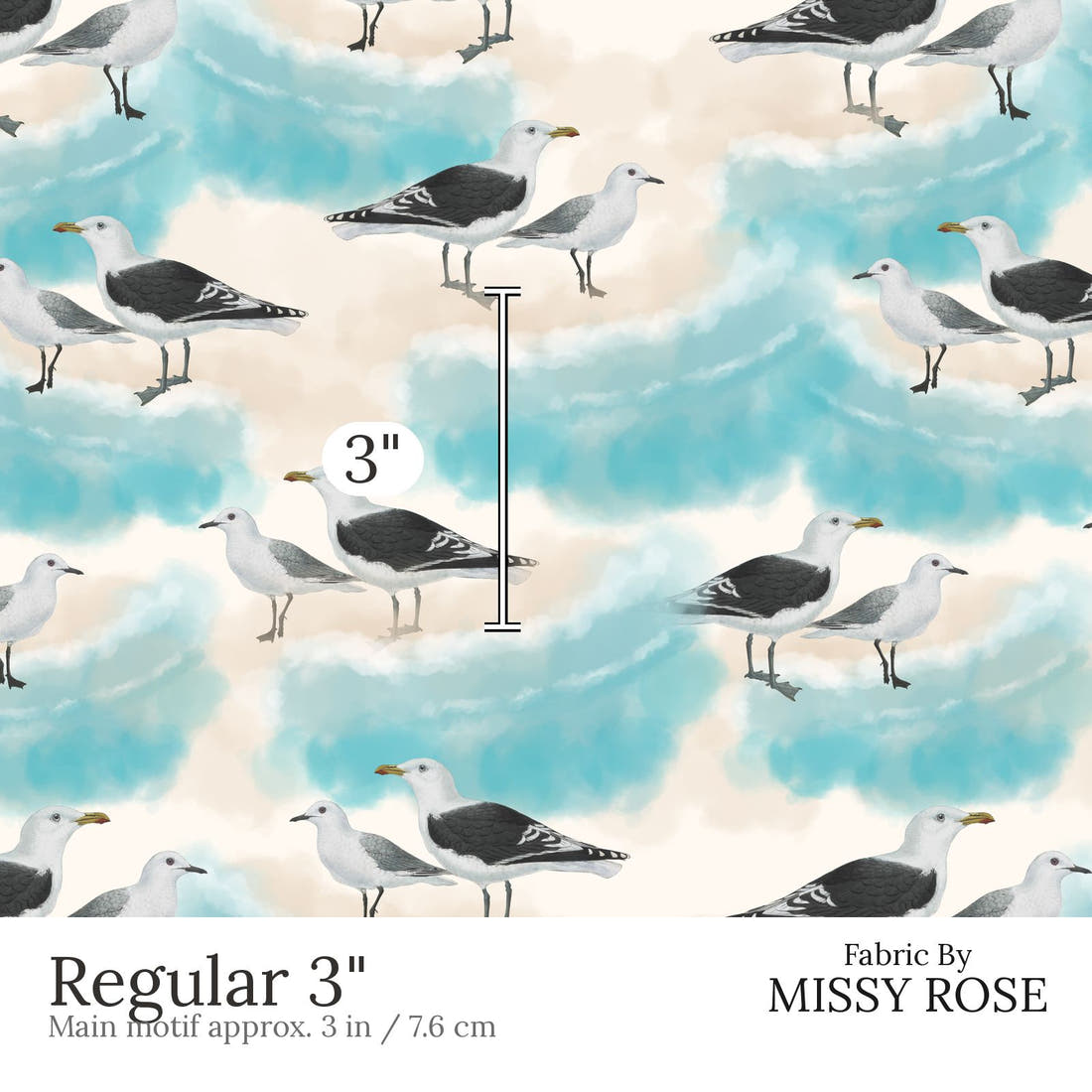 Design 575 Seagull Fabric Regular 3 inch print scale guide | Fabric by Missy Rose