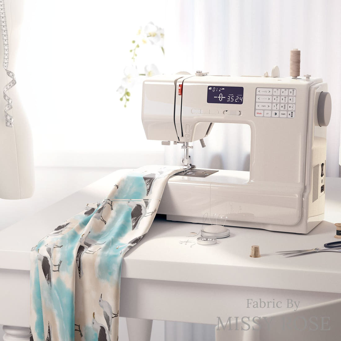 Design 575 Seagull Fabric on a sewing machine – premium fabric for sewing projects | Fabric by Missy Rose