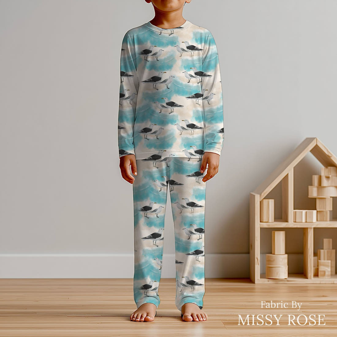 Design 575 Seagull Fabric sewn into kids' pyjamas – see how the print looks made up | Fabric by Missy Rose