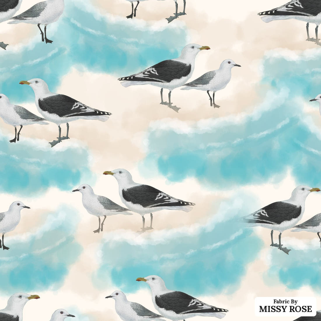 Design 575 Seagull Fabric - flat view of the print, zoom in for detail | Fabric by Missy Rose