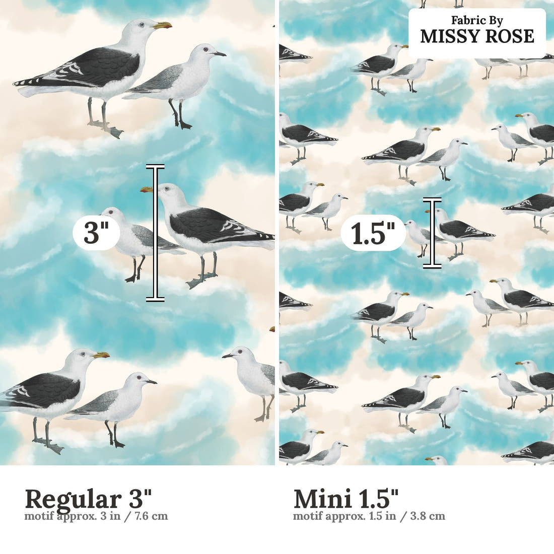 Design 575 Seagull Fabric size comparison - print scale | Fabric by Missy Rose