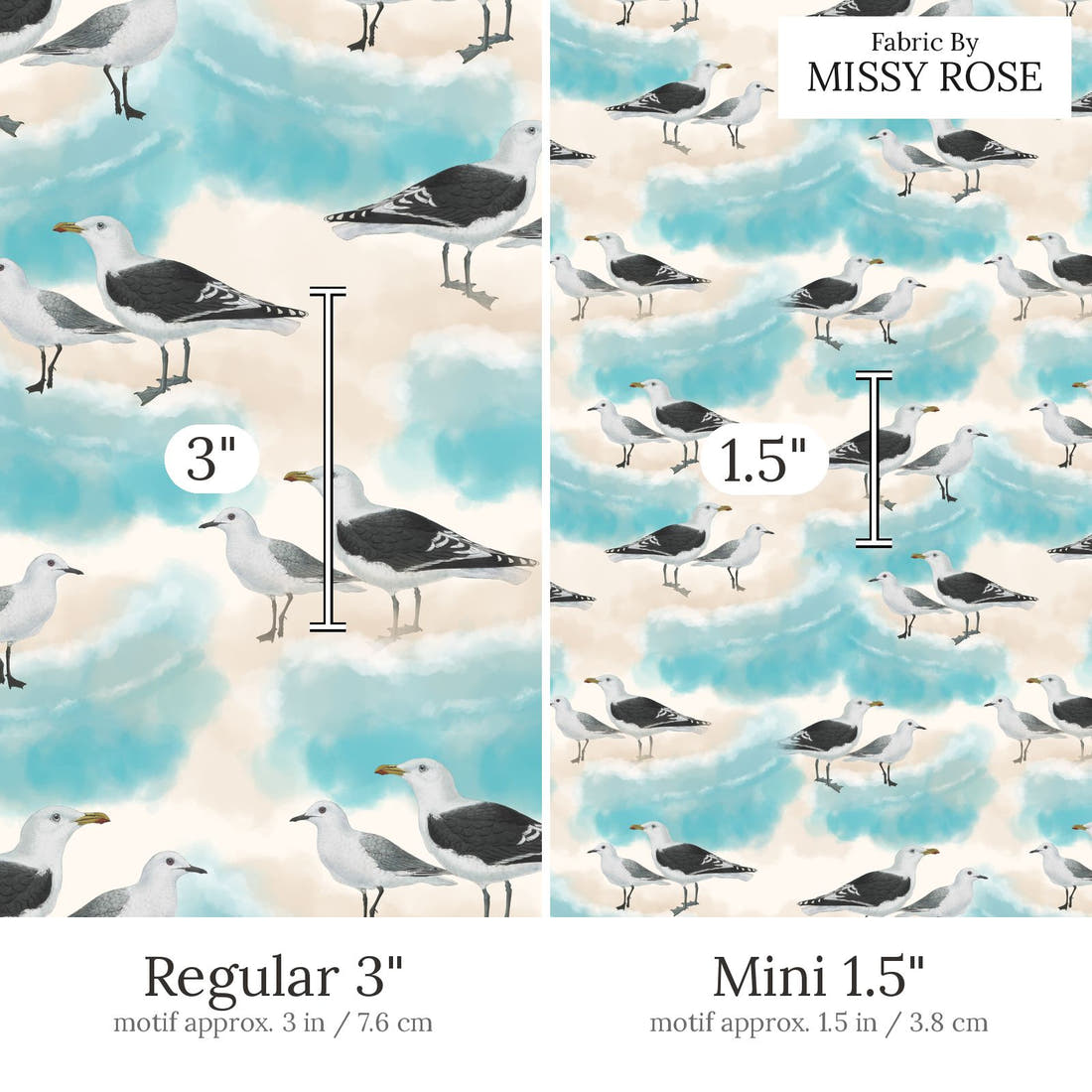 Design 575 Seagull Fabric Regular 3 inch vs Mini 1.5 inch print scale side by side | Fabric by Missy Rose
