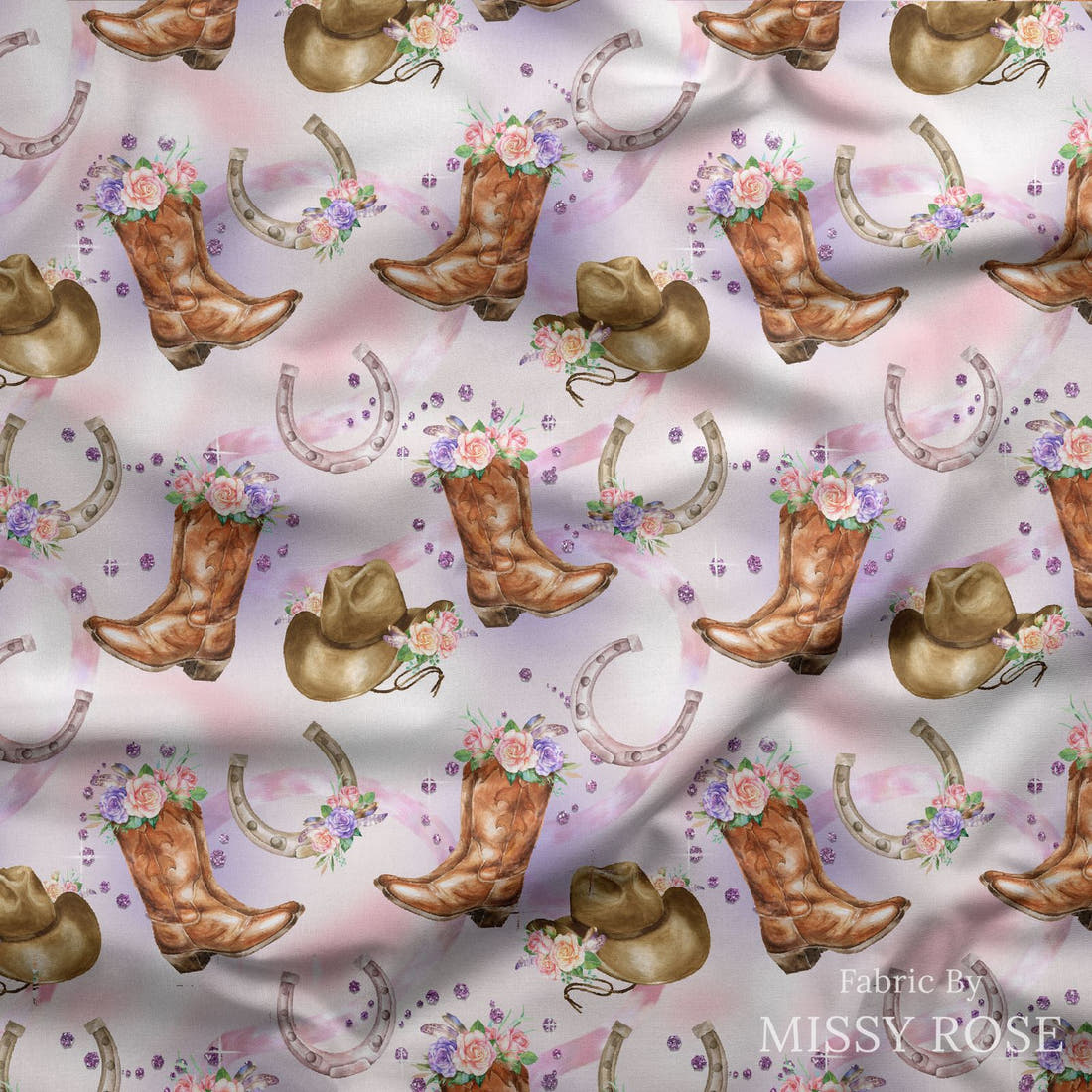 Design 576 Purple Cowgirl Fabric draped fabric mockup – custom printed fabric by the metre | Fabric by Missy Rose