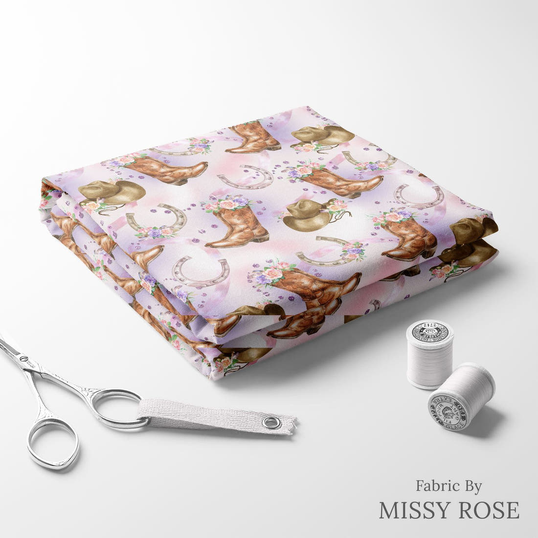 Design 576 Purple Cowgirl Fabric folded fabric stack with matching thread – pre-order fabric Australia | Fabric by Missy Rose