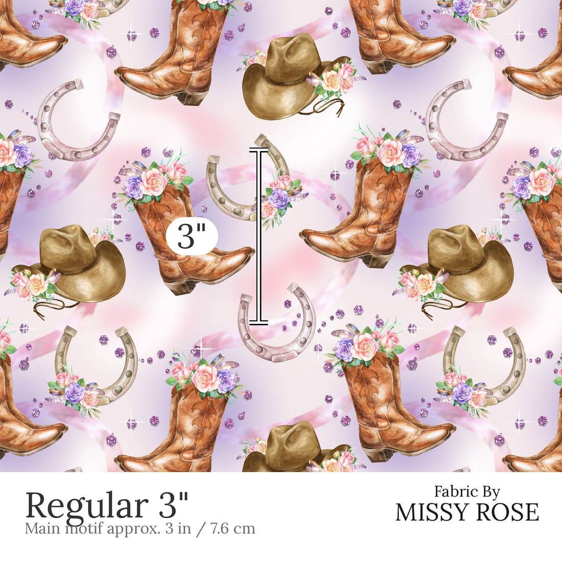 Design 576 Purple Cowgirl Fabric Regular 3 inch print scale guide | Fabric by Missy Rose