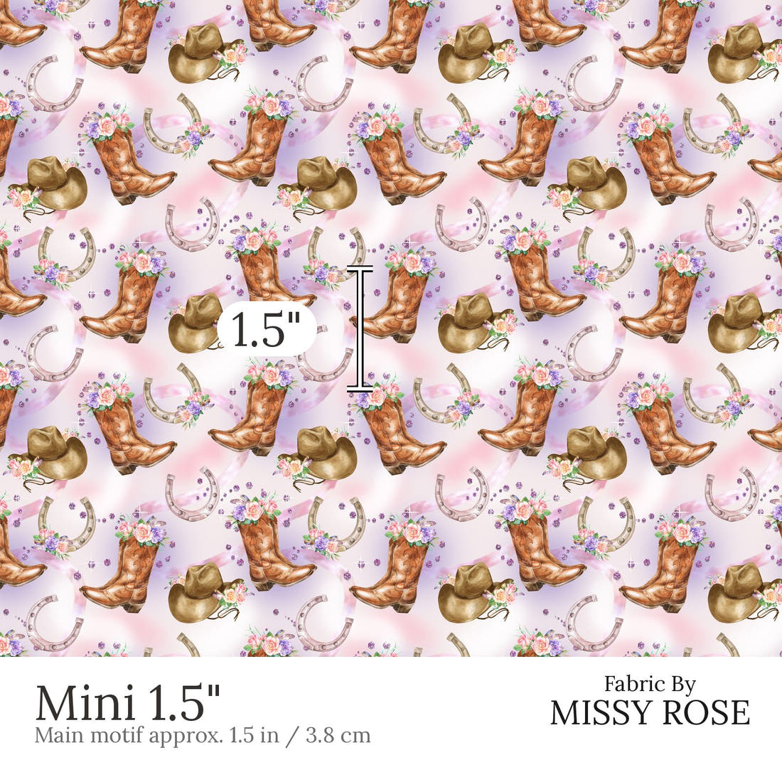 Design 576 Purple Cowgirl Fabric Mini 1.5 inch print scale guide | Fabric by Missy Rose
