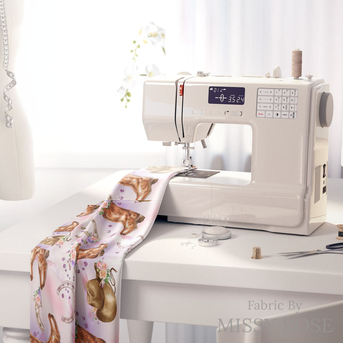 Design 576 Purple Cowgirl Fabric on a sewing machine – premium fabric for sewing projects | Fabric by Missy Rose
