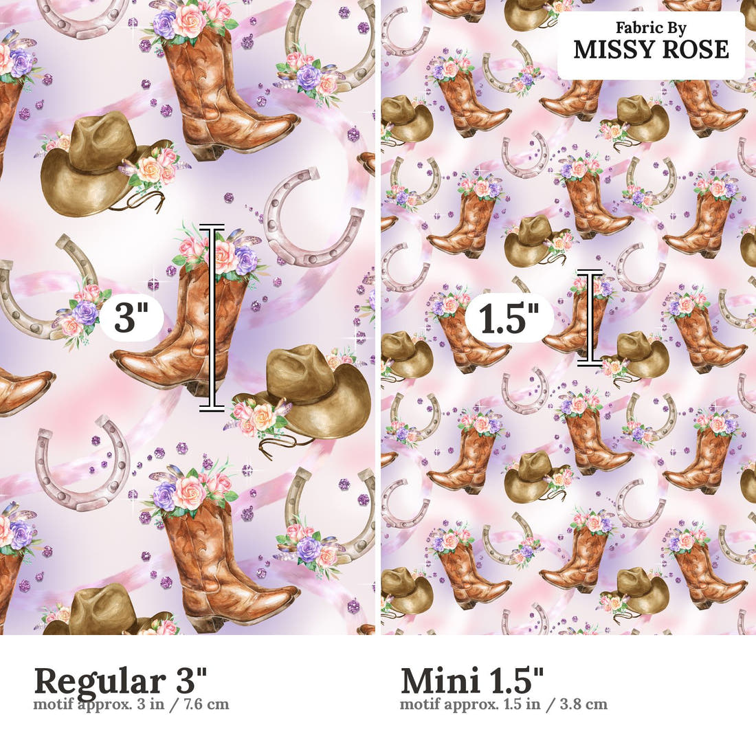 Design 576 Purple Cowgirl Fabric size comparison - print scale | Fabric by Missy Rose
