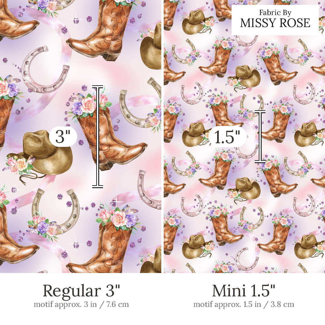 Design 576 Purple Cowgirl Fabric Regular 3 inch vs Mini 1.5 inch print scale side by side | Fabric by Missy Rose