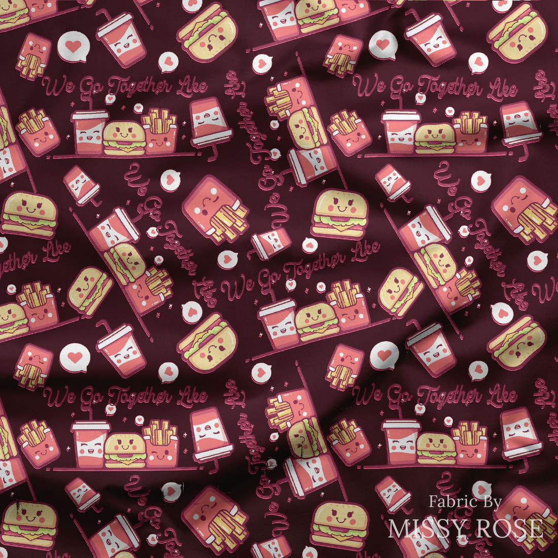 Design 577 Cute Foods Fabric draped fabric mockup – custom printed fabric by the metre | Fabric by Missy Rose