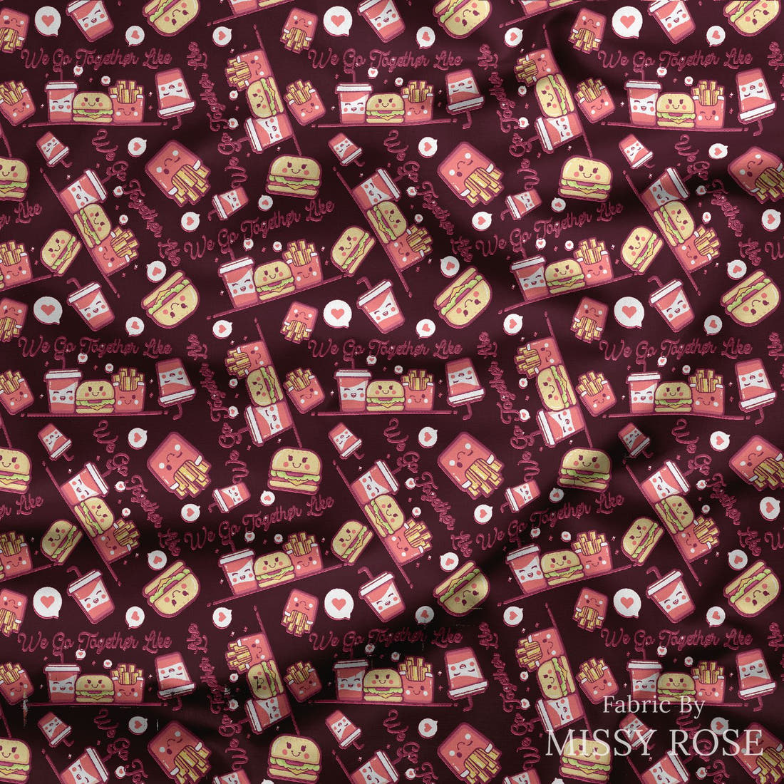 Design 577 Cute Foods Fabric draped fabric mockup – custom printed fabric by the metre | Fabric by Missy Rose