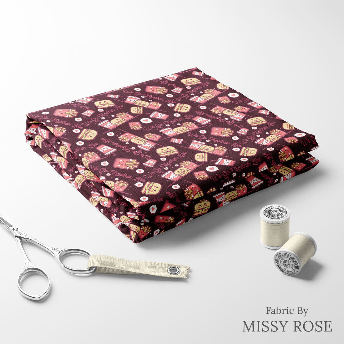 Design 577 Cute Foods Fabric folded fabric stack with matching thread – pre-order fabric Australia | Fabric by Missy Rose