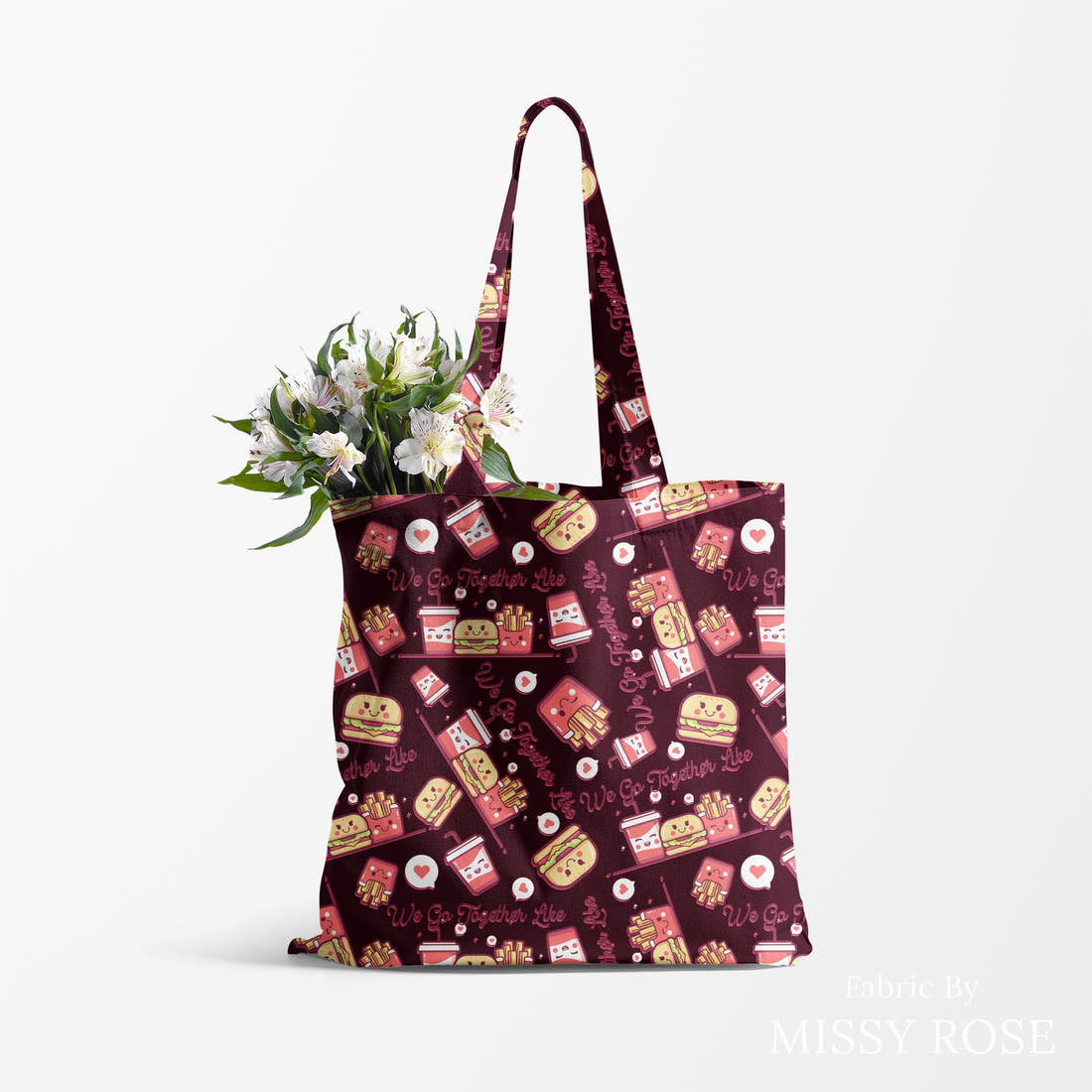 Design 577 Cute Foods Fabric made up as a tote bag – see how the print looks made up | Fabric by Missy Rose