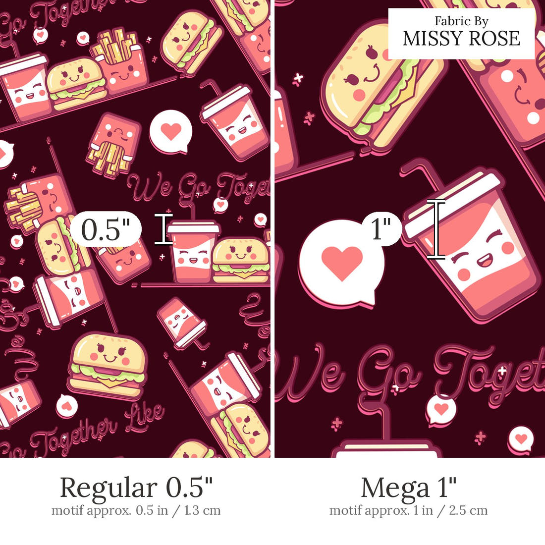 Design 577 Cute Foods Fabric Regular 0.5 inch vs Mega 1 inch print scale side by side | Fabric by Missy Rose