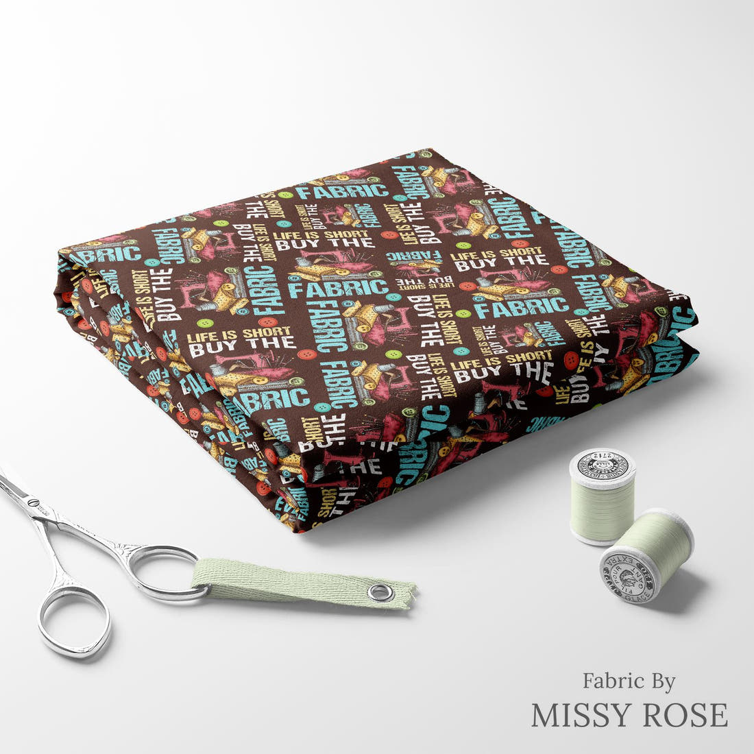 Design 578 Funny Sewing Fabric folded fabric stack with matching thread – pre-order fabric Australia | Fabric by Missy Rose