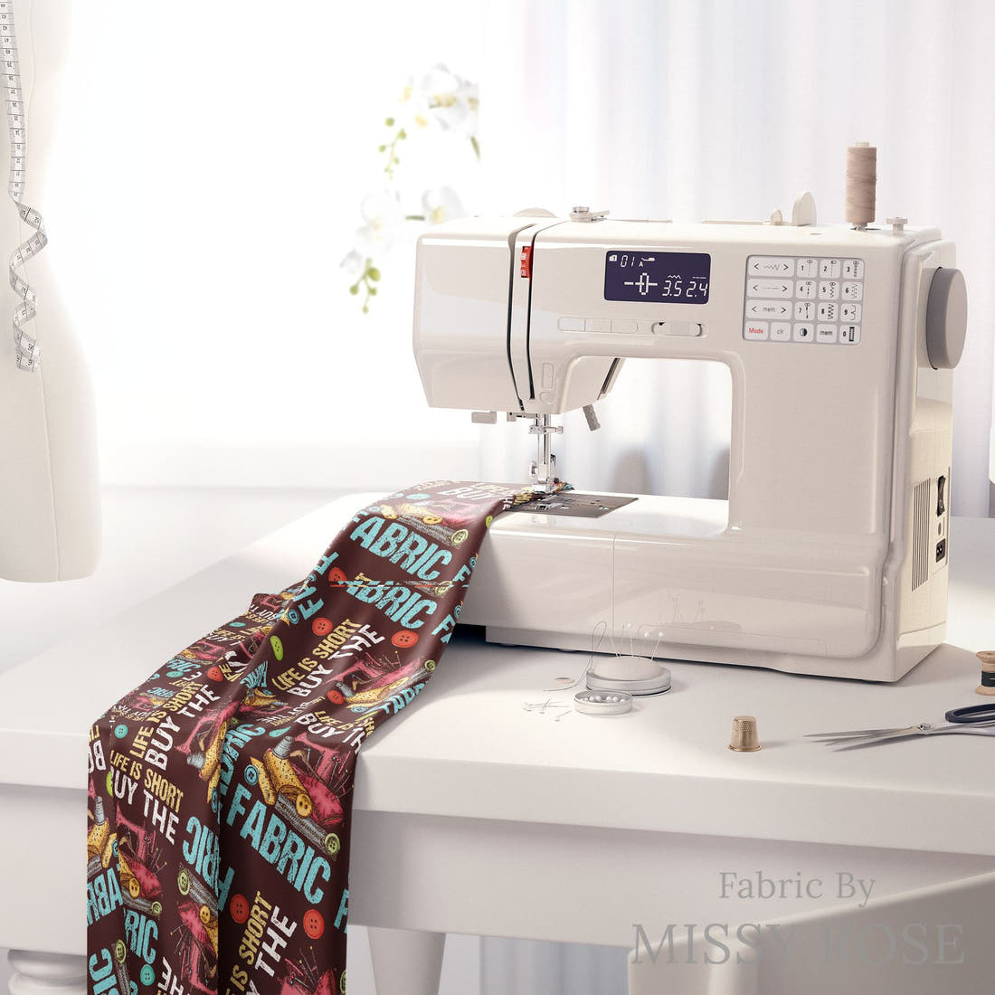 Design 578 Funny Sewing Fabric on a sewing machine – premium fabric for sewing projects | Fabric by Missy Rose