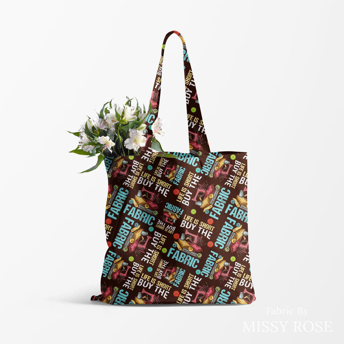 Design 578 Funny Sewing Fabric made up as a tote bag – see how the print looks made up | Fabric by Missy Rose