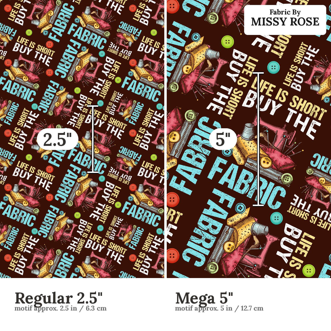 Design 578 Funny Sewing Fabric size comparison - print scale | Fabric by Missy Rose