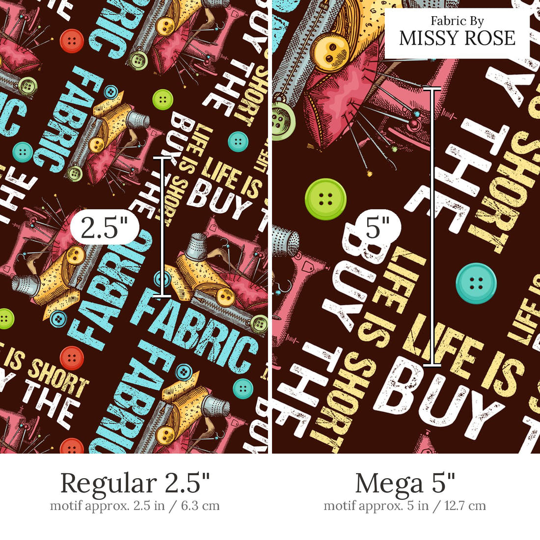 Design 578 Funny Sewing Fabric Regular 2.5 inch vs Mega 5 inch print scale side by side | Fabric by Missy Rose