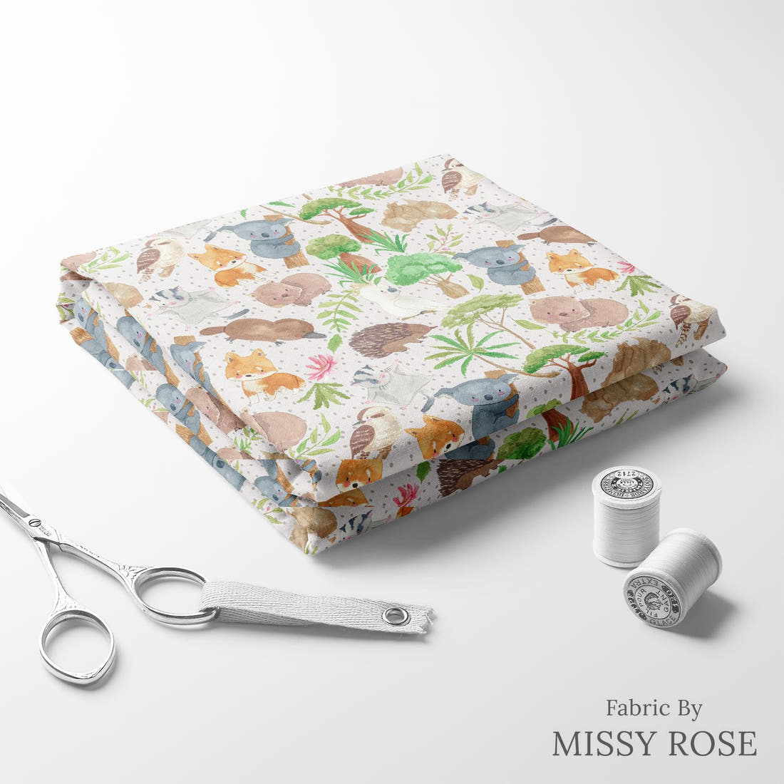 Design 579 Cute Australian Animals Fabric folded fabric stack with matching thread – pre-order fabric Australia | Fabric by Missy Rose