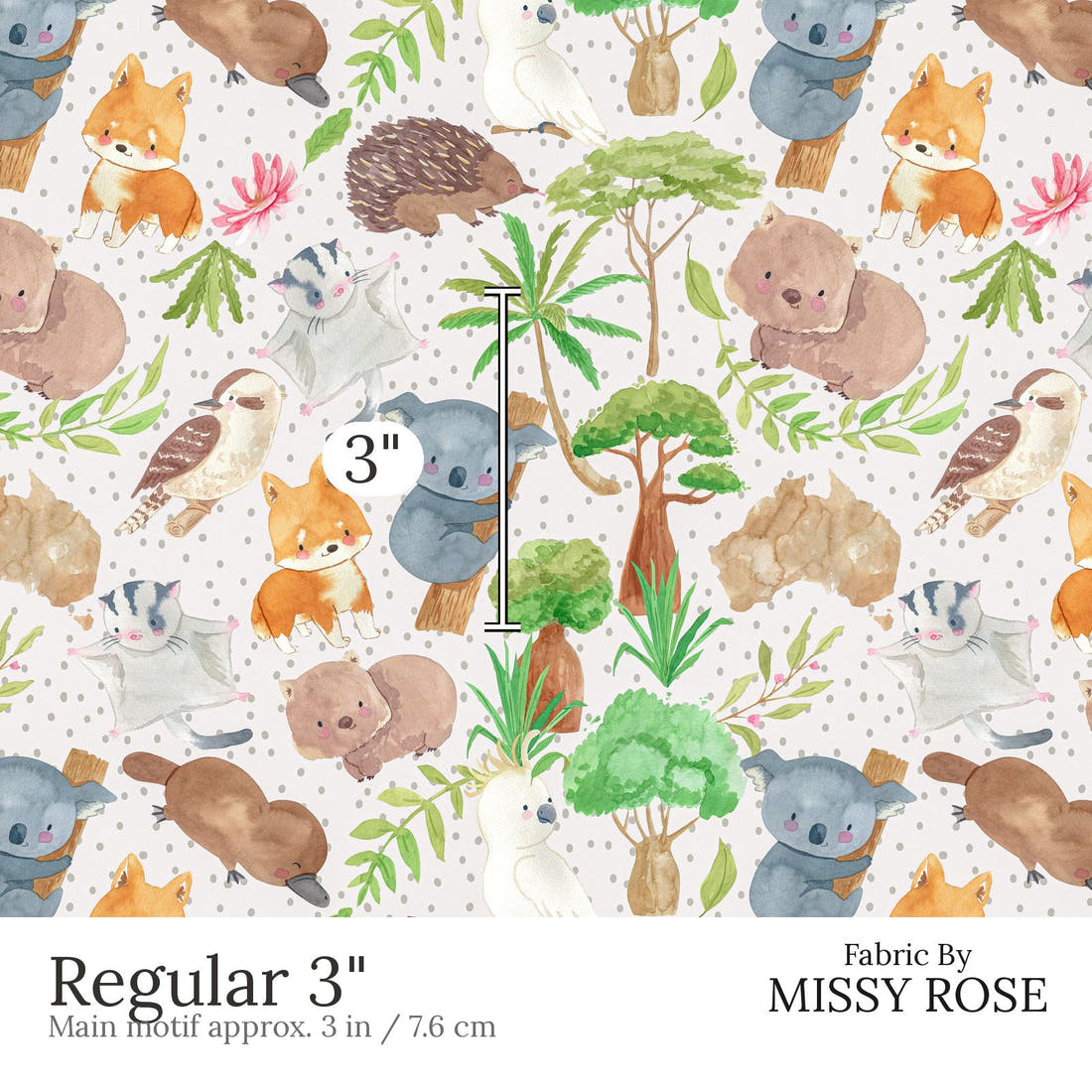 Design 579 Cute Australian Animals Fabric Regular 3 inch print scale guide | Fabric by Missy Rose