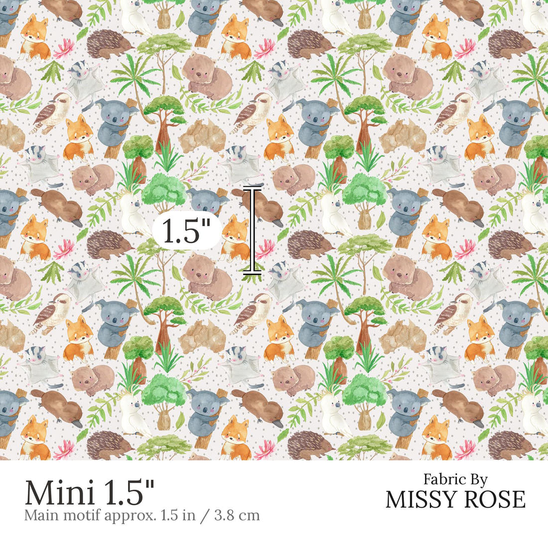 Design 579 Cute Australian Animals Fabric Mini 1.5 inch print scale guide | Fabric by Missy Rose