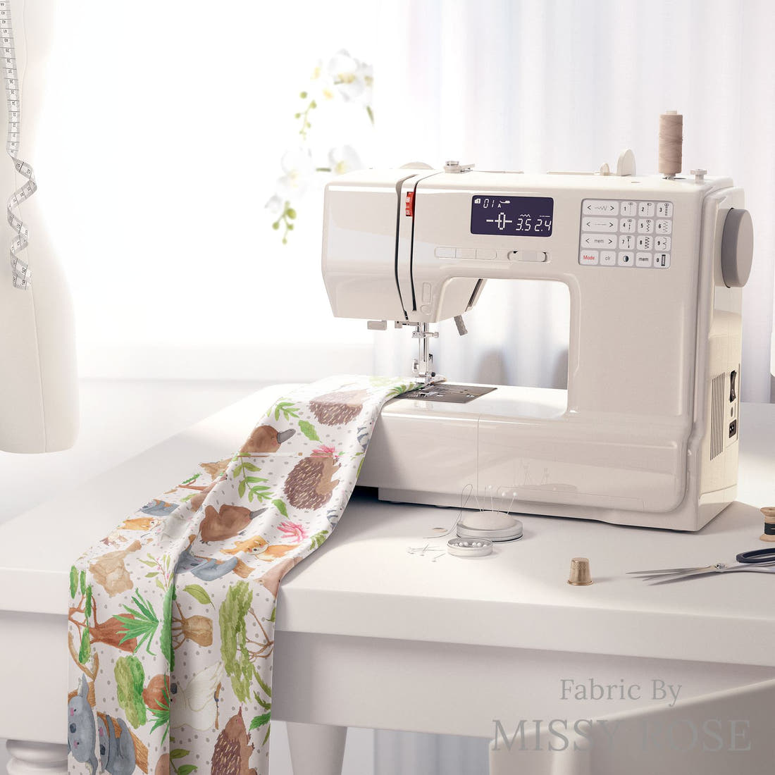 Design 579 Cute Australian Animals Fabric on a sewing machine – premium fabric for sewing projects | Fabric by Missy Rose