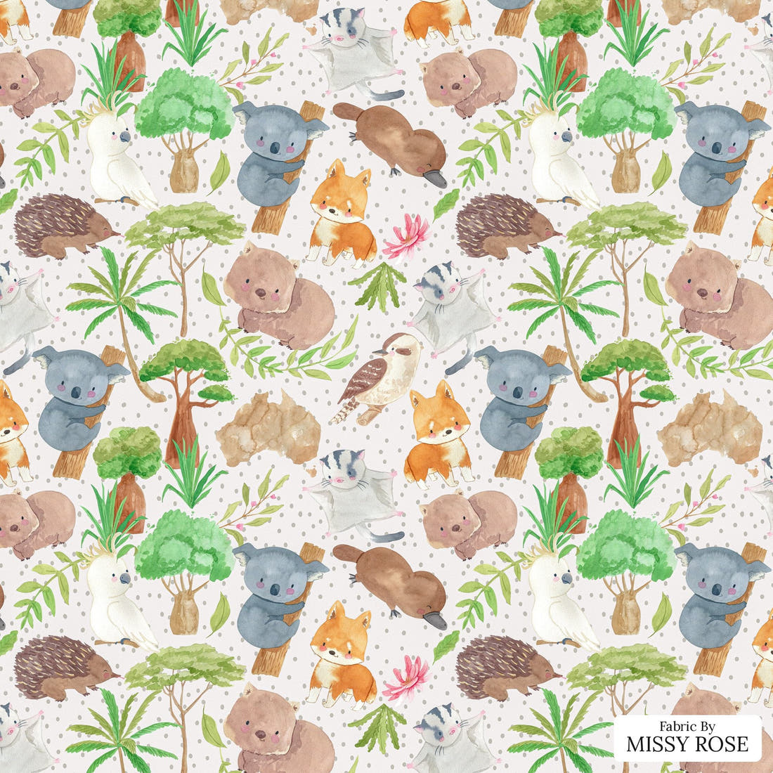Design 579 Cute Australian Animals Fabric - flat view of the print, zoom in for detail | Fabric by Missy Rose
