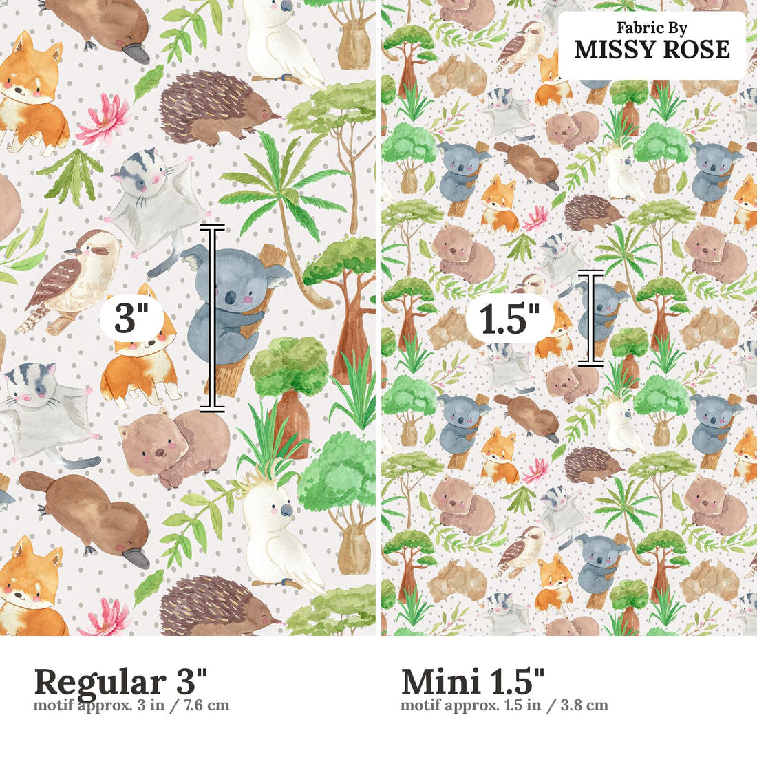 Design 579 Cute Australian Animals Fabric size comparison - print scale | Fabric by Missy Rose