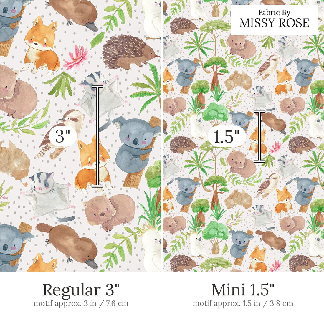 Design 579 Cute Australian Animals Fabric Regular 3 inch vs Mini 1.5 inch print scale side by side | Fabric by Missy Rose