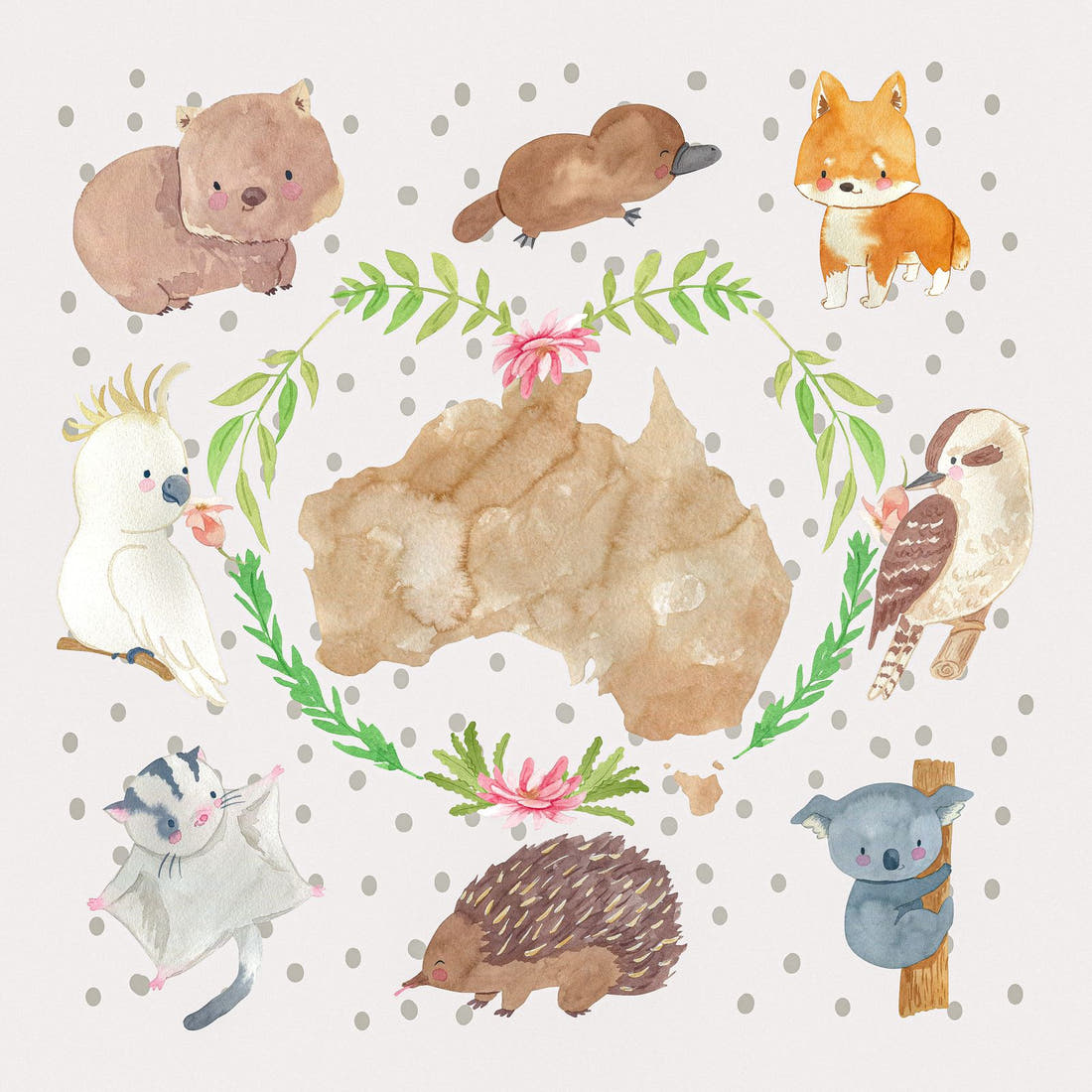 Design 579 Cute Australian Animals Panel – full artwork close-up of the printed picture | Fabric by Missy Rose