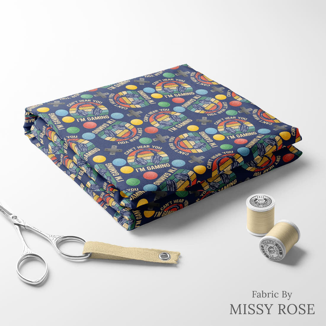 Design 58 Gaming Fabric folded fabric stack with matching thread – pre-order fabric Australia | Fabric by Missy Rose