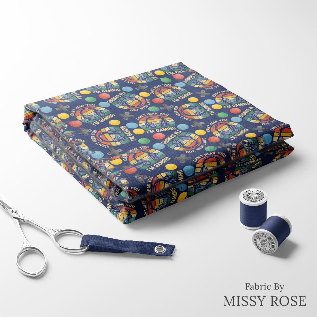 Design 58 Gaming Fabric folded fabric stack with matching thread – pre-order fabric Australia | Fabric by Missy Rose