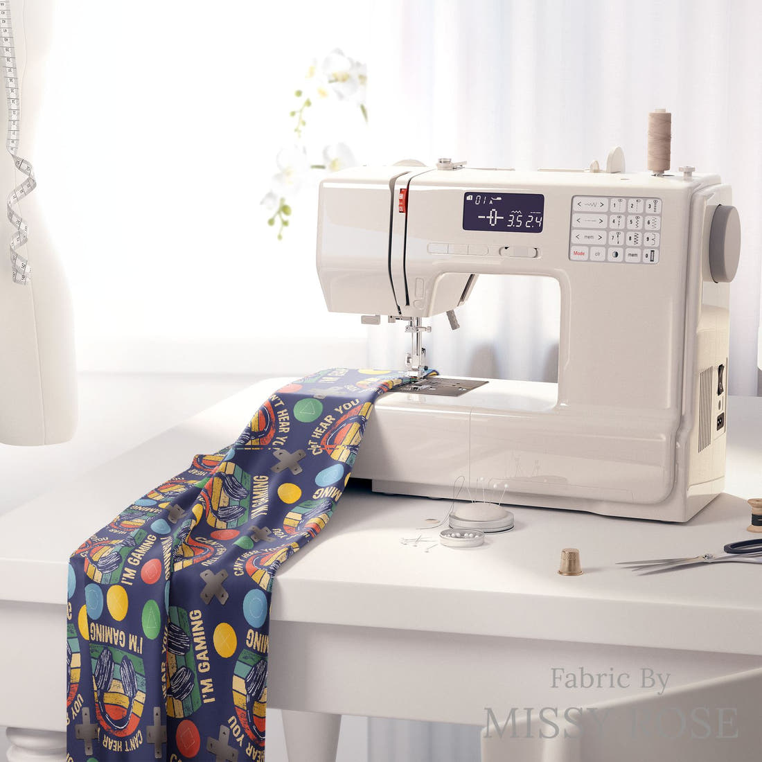 Design 58 Gaming Fabric on a sewing machine – premium fabric for sewing projects | Fabric by Missy Rose