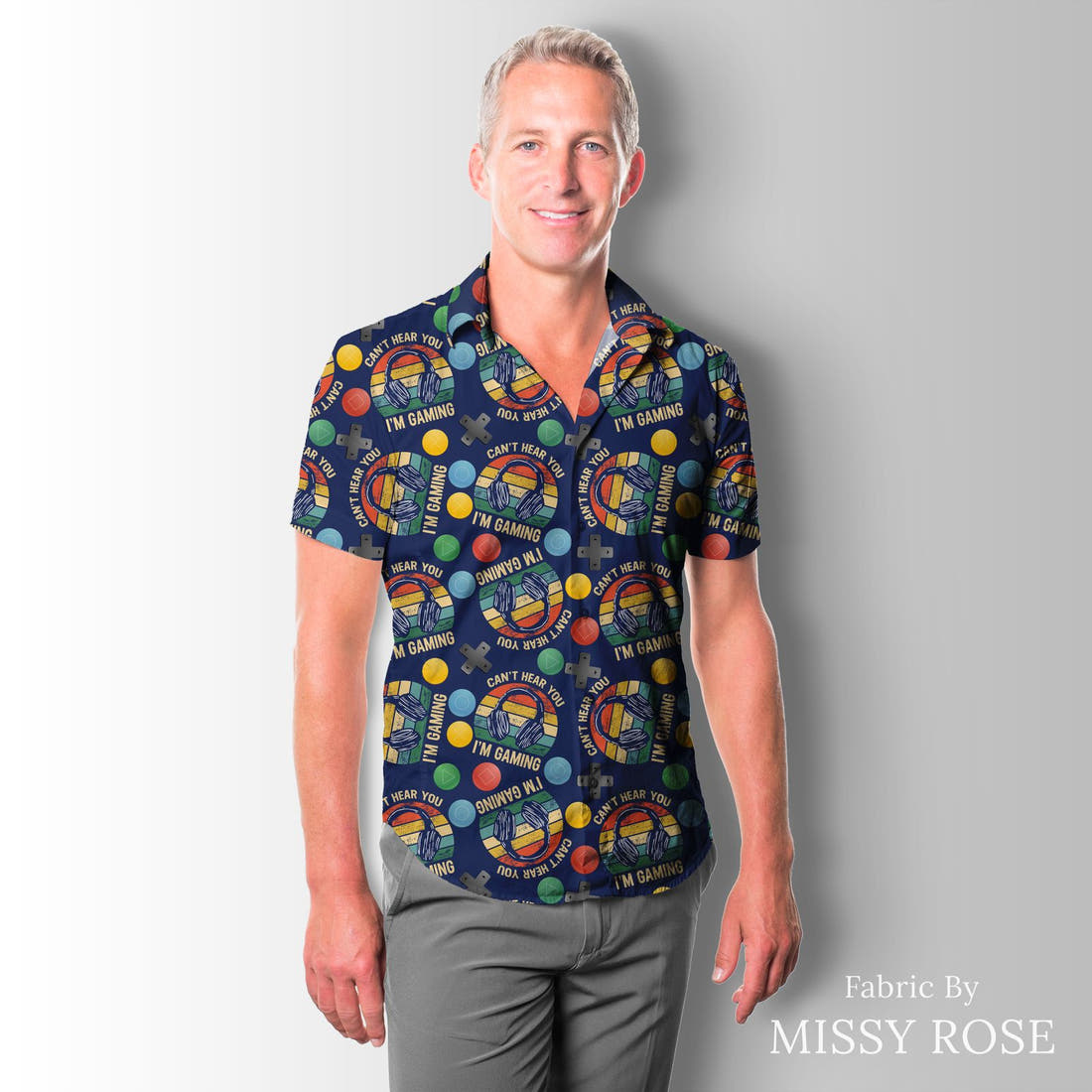 Design 58 Gaming Fabric sewn into a men's shirt – see how the print looks made up | Fabric by Missy Rose