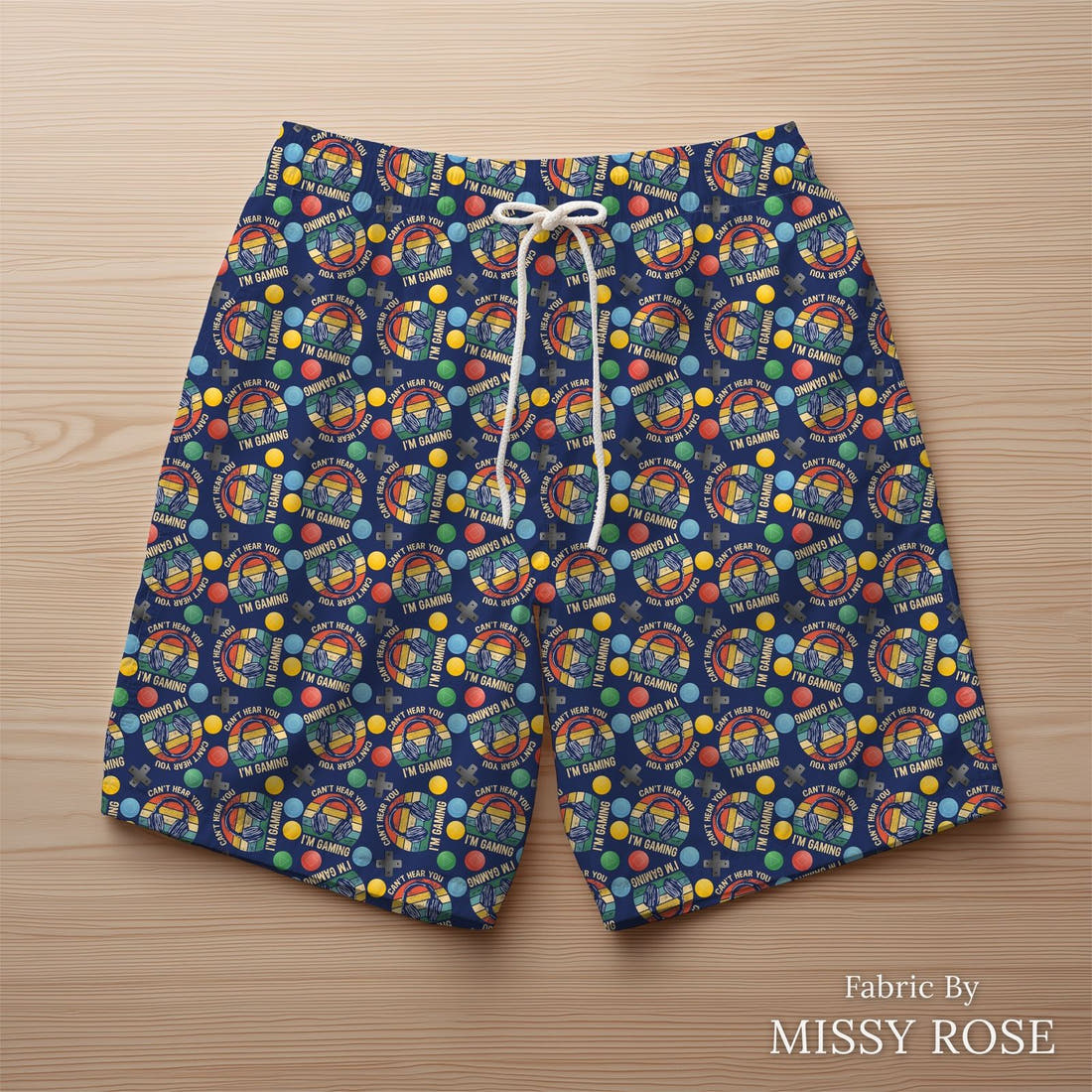 Design 58 Gaming Fabric sewn into swim shorts – see how the print looks made up | Fabric by Missy Rose