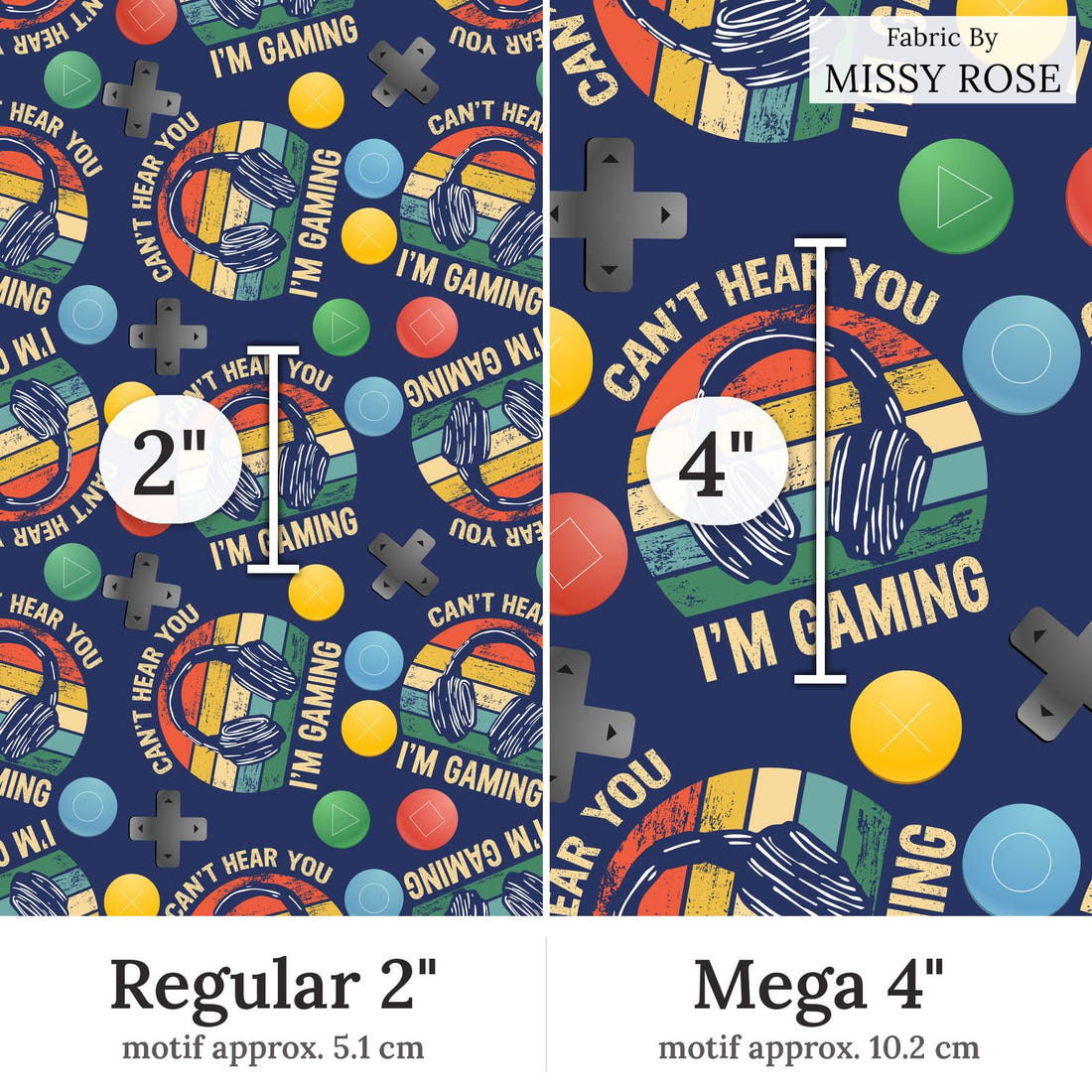 Design 58 Gaming Fabric Regular 2 inch vs Mega 4 inch print scale side by side | Fabric by Missy Rose