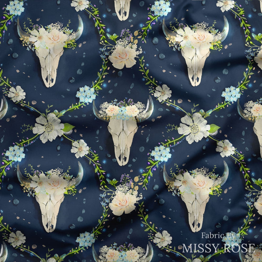 Design 580 Navy Floral Bull Skull Fabric draped fabric mockup – custom printed fabric by the metre | Fabric by Missy Rose